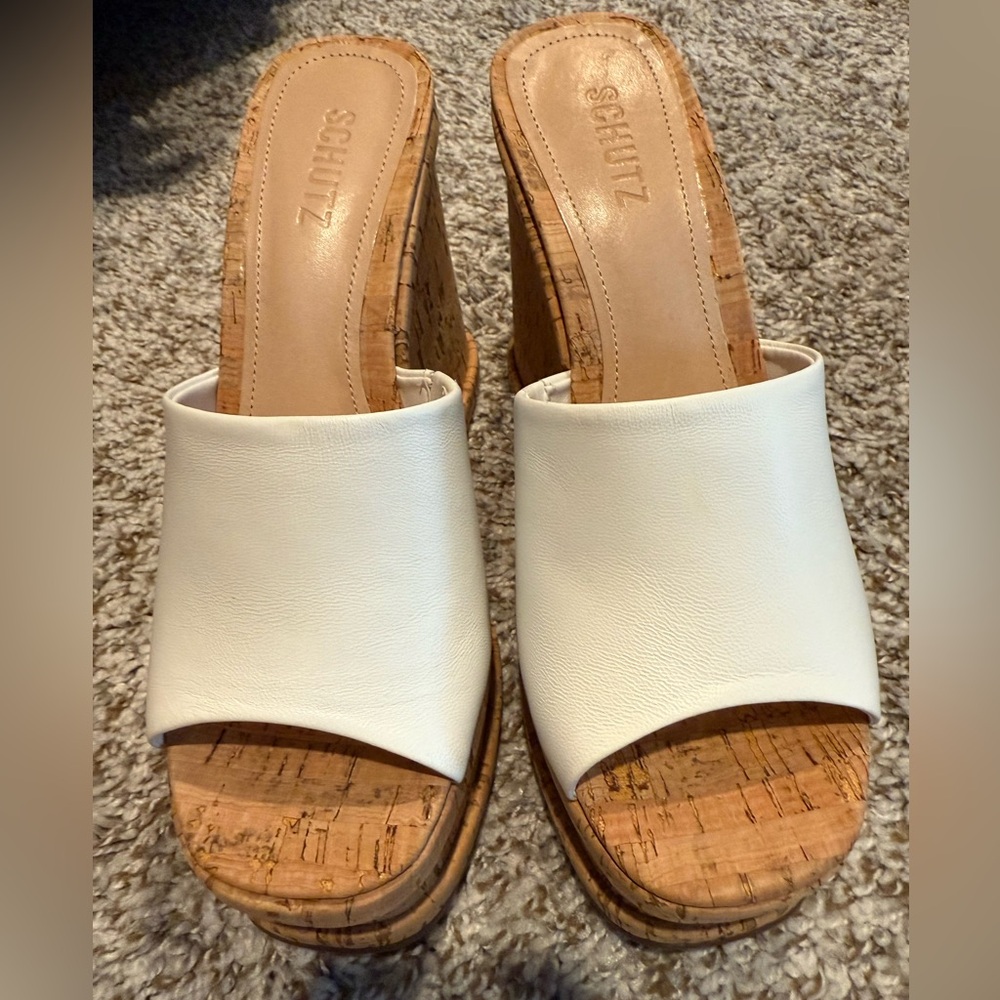 Schutz white leather platform wedge sandals